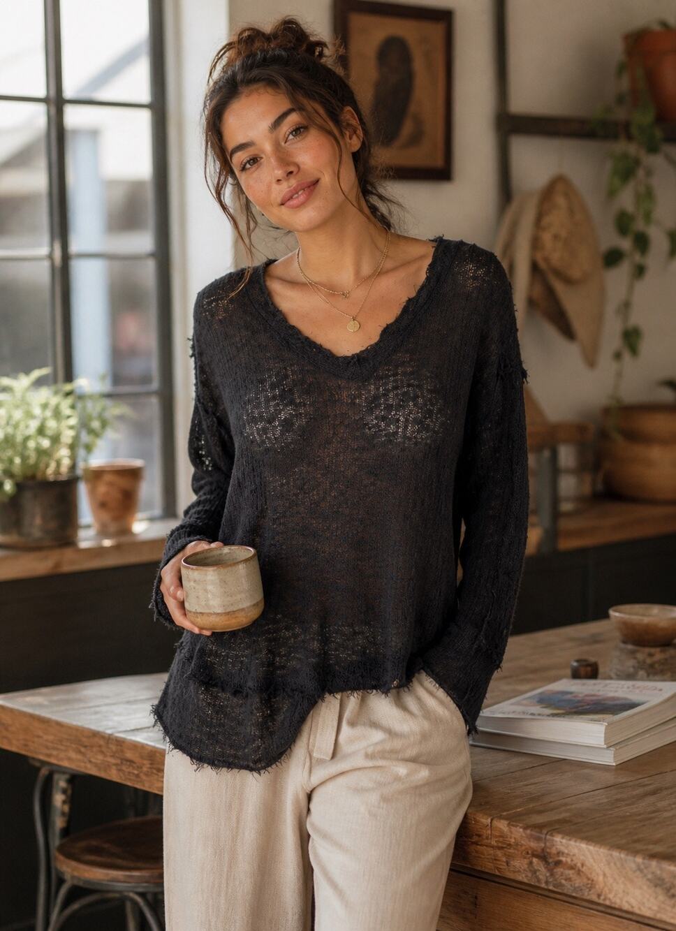 Free People We The Free Dark Gray Raw Edge VNeck Sweater Top In Dark Gray Size S